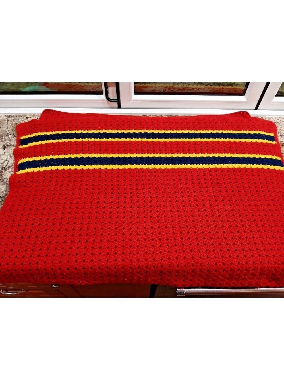 Vintage Red Blue Yellow Handmade Open Knit Crochet Afghan Throw Blanket 42 x 62